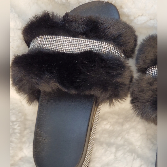 Black Furry and Silver Bedazzled Slippers - Picture 4 of 11
